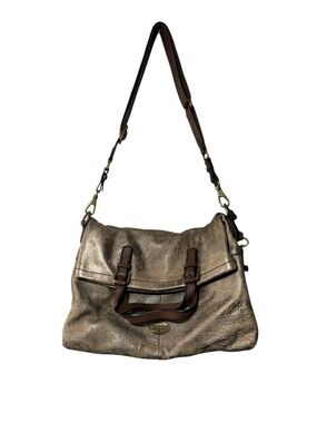Fossil Explorer Leather Tote Pewter Fold Over Messenger Bag Distressed Gold